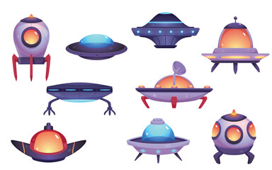 Vector collection of UFO spacecraft with bright lights and rocket engines on a white background
