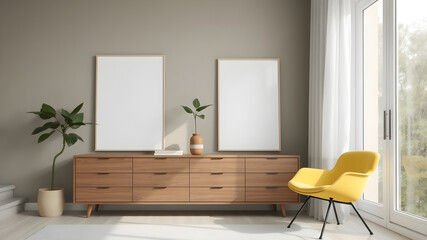 Office designed in retro style with yellow chair standing between blanked frames on wooden table.