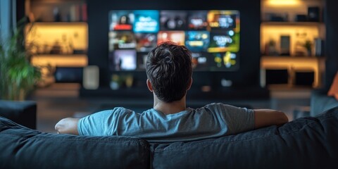 Attractive casual man relaxed on the sofa enjoying video on demand entertainment displayed on the screen, creating a cozy atmosphere for watching video on demand content.