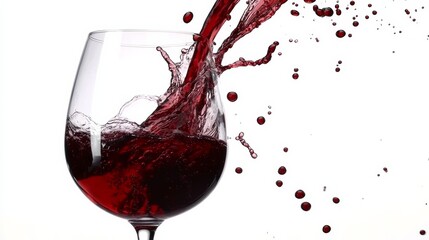 A dynamic splash of red wine spilling from a glass against a stark white background, capturing motion and elegance.