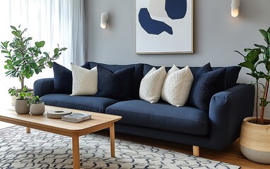 Modern living room with blue sofa, wooden furniture, abstract art, and plants.