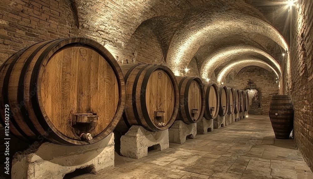 Aufkleber a dimly lit wine cellar featuring large wooden barrels arranged in a row, showcasing rustic architec