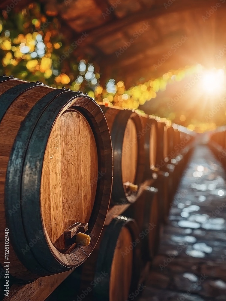 Poster a serene vineyard scene features wooden wine barrels lined up, bathed in warm sunlight, creating a n