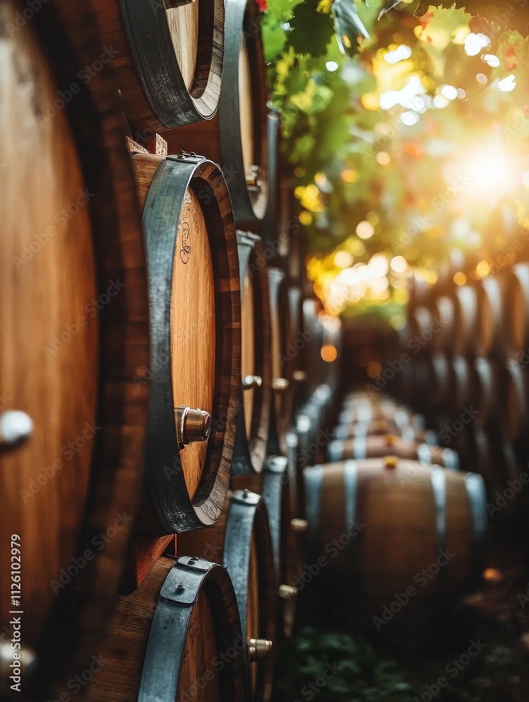 Leinwandbilder a serene vineyard scene featuring rows of wooden wine barrels, illuminated by soft sunlight filterin