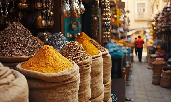 Aromatic Spices in Burlap Sacks at a Vibrant Middle Eastern Market