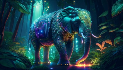 A neon-colored elephant with glowing lines and circuit-like patterns on its skin, walking through a vibrant, futuristic cityscape.