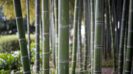Obraz premium Close-up view of a serene bamboo grove featuring tall green bamboo stalks with natural texture, creating a tranquil atmosphere perfect for nature, zen, and eco-themed designs. 