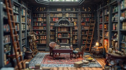 A cozy library filled with books, a reading area, and warm lighting inviting study and relaxation.
