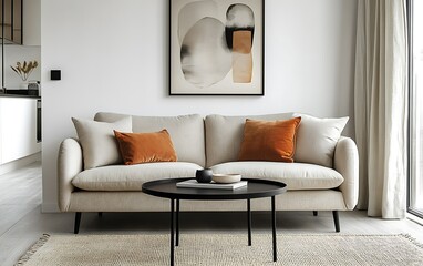 Minimalist living room with beige sofa, orange cushions, black coffee table, and abstract art.