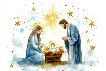 Watercolor depiction of a nativity scene showing Mary, Joseph and baby Jesus in a soft, glowing manger under shining stars