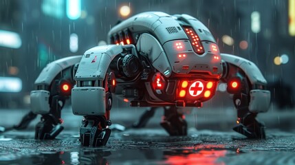 A futuristic robotic medical assistant in a rainy urban environment.