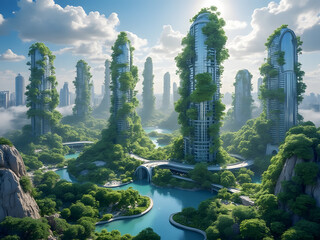 Beautiful Futuristic cityscape with lush greenery and towering structures under a bright sky