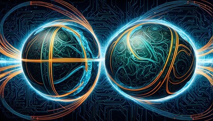 vibrant mix of abstract circuitry intertwined with basketball balls, representing AI role in personalized sports training