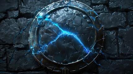 A cracked shield emitting blue lightning against a stone wall background.