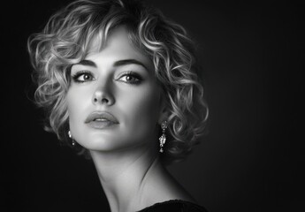Fototapeta premium Elegant Portrait of a Young Woman with Curly Hair and Stunning Earrings in Black and White, Capturing Grace and Timeless Beauty