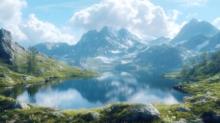 Fototapeta premium Tranquil Waters and Mountain View Desktop Wallpaper for Serenity