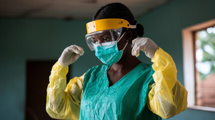 Healthcare worker donning protective gear with focus and determination