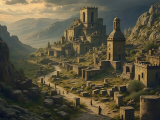 Fototapeta premium Ancient ruins surrounded by mountains and a winding path during golden hour light
