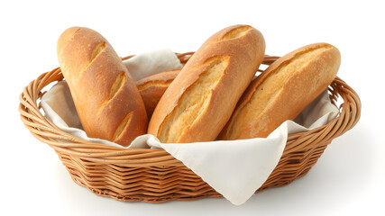 crusty mini baguettes on white background.Dough products, bread, buns
