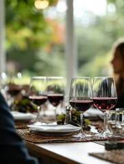 Obraz premium A cozy dining setup featuring elegant wine glasses, plates, and a lush outdoor view, perfect for a gathering or celebration.