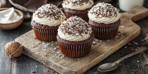 Delicious chocolate cupcakes topped with coconut sprinkles, presented on a cutting board alongside a spoon and icing, make an enticing treat for cupcake lovers seeking a sweet indulgence.