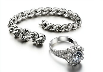 Elegant Silver Jewelry Set Featuring Diamond Ring and Stylish Bracelet Perfect for Special Occasions, Weddings, or as Timeless Accessories for Glamorous Outfits