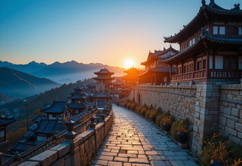 Naklejka premium Landscape photo of a village on the Chinese plateau, showing houses with traditional Chinese motifs, is one of the tourist destinations in the bamboo curtain country.