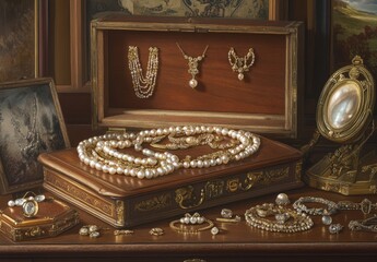 Fototapeta premium Elegant Vintage Jewelry Display with Exquisite Pearls, Gemstones, and Intricate Designs Showcasing Timeless Beauty and Luxury in a Stylish Setting