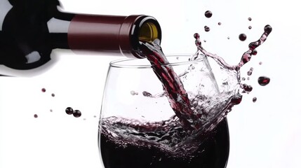A wine bottle pours red wine into a glass, creating splashes and bubbles, showcasing a vibrant and dynamic scene.