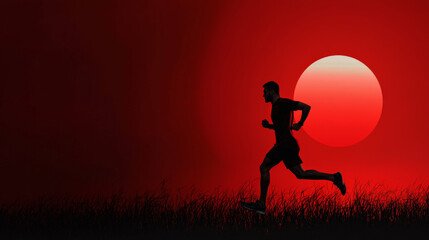 Running silhouette against vibrant red sunset, evoking energy and motion