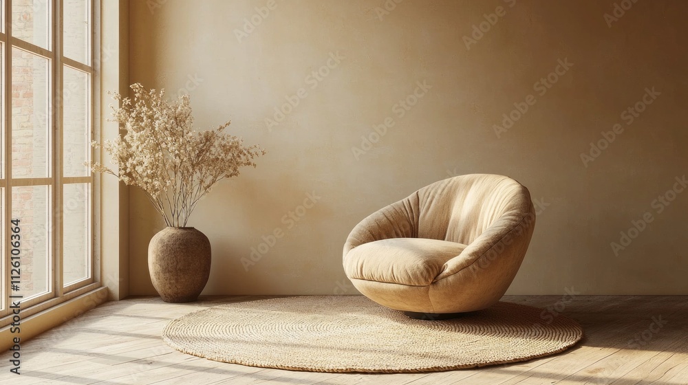 Poster a freshly designed room showcases a stylish mocha color palette featuring a soft chair and a beautif