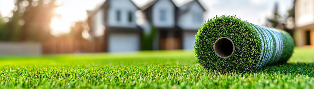 Close-up of a rolled artificial grass mat on a well-manicured lawn in front of houses.