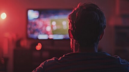 Obraz premium Man Watching a Sports Game on TV in a Dark Room