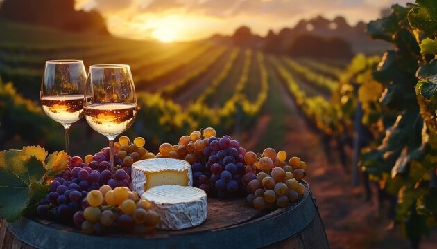 A picturesque vineyard scene at sunset, featuring two glasses of wine beside a selection of grapes and cheese on a wooden barrel.