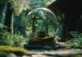 Enchanted Sphere in a Lush Forest with a Wooden Well Surrounded by Greenery and Soft Natural Light Creating a Magical Atmosphere