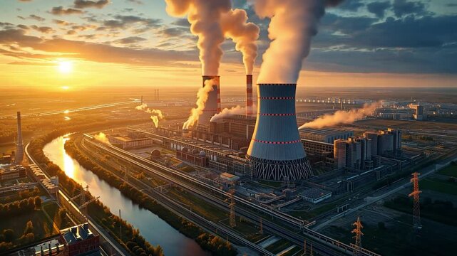 Dramatic sunset illuminates a large power plant with billowing smoke stacks beside a winding river and industrial structures against a vast sky.