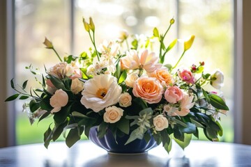Elegant Mother's Day flower arrangement on a table, no person in frame, soft natural light, warm indoor atmosphere, detailed close-up, suitable for commercial use.