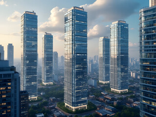 Modern skyline with skyscrapers illuminated at dusk in a bustling urban environment