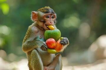 Pregnant monkeys eat fruits and vegetables. Indian rainforest, wild animals. 