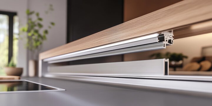 Aluminum profiles featuring a sleek silver finish alongside a rich wood texture create a striking visual appeal. These aluminum profiles blend modern design with natural warmth, ideal for various