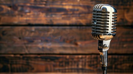 Vintage Microphone Against a Wooden Background