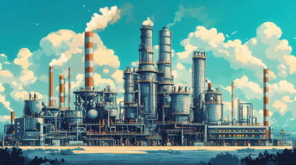 Oil processing plant with refining units, chimneys emitting smoke, and complex engineering structures --ar 16:9 --v 6.1 Job ID: 1c10caec-4c25-4ee7-bf59-b91167ce9254
