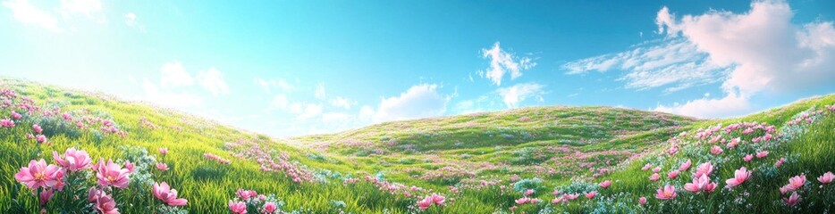 Fototapeta premium A serene landscape filled with vibrant flowers under a bright blue sky.