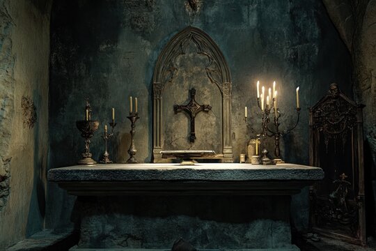 Dark stone altar with cross, candles, and antique candelabras in a dimly lit gothic chapel.