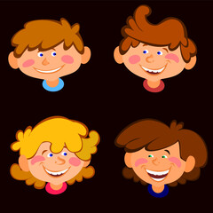 set of children faces, set of cartoon faces, four animated characters in a vector style