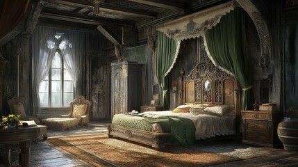 Enchanting Rustic Medieval Bedroom with Ornate Antique Furnishings