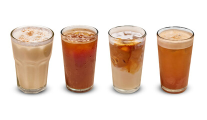 A refreshing lineup of iced coffee and tea beverages in tall glasses, featuring frothy toppings, swirls of milk, and glistening condensation. Perfect for showcasing cold drink variety and appeal.