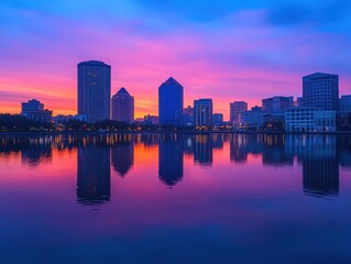 Obraz premium city skyline at sunset with reflections in water