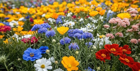 A vibrant field of colorful flowers in full bloom, showcasing nature's beauty.
