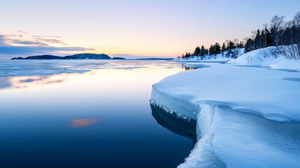 Obraz premium Serene winter landscape featuring snow-covered ice and tranquil water at sunset.
